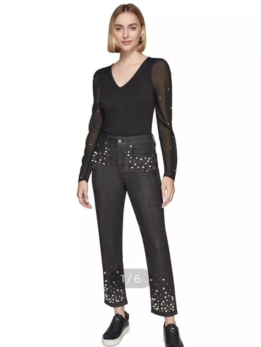 Karl Lagerfeld Straight Leg Black Ankle Jeans with Pearl Embellishment